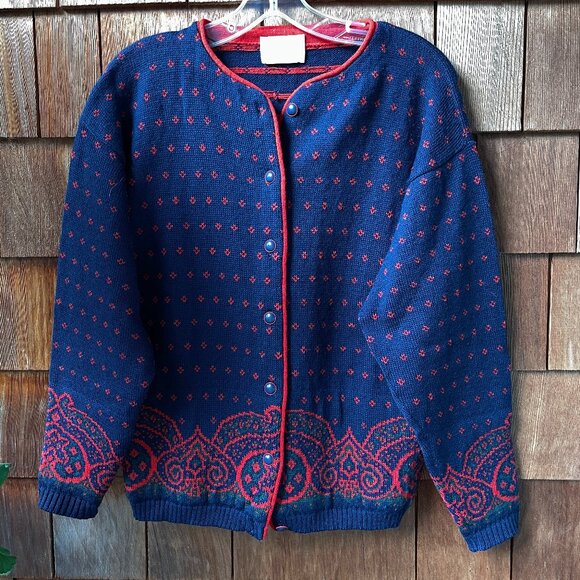 VTG Pendleton Navy Blue & Red 100% Virgin Wool Cardigan in Women's Medium - Picture 1 of 9